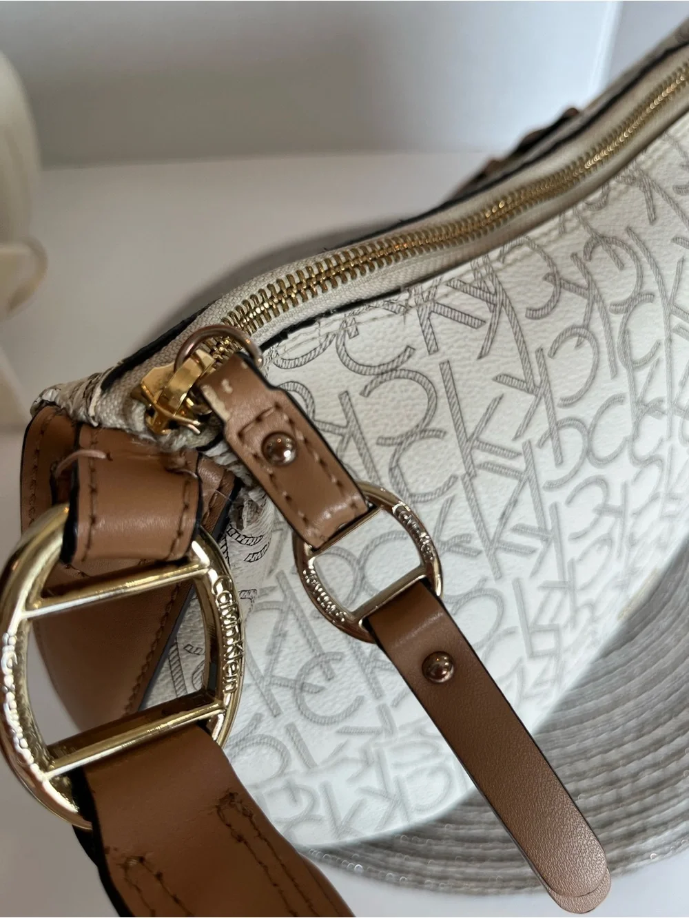 CALVIN KLEIN Shoulder Bag “HOLLY” Monogram Hobo Gold-Tone Tassel 13x11x6”